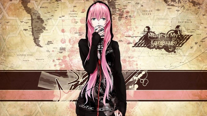 Megurine Luka from Vocaloid singing on a world map background