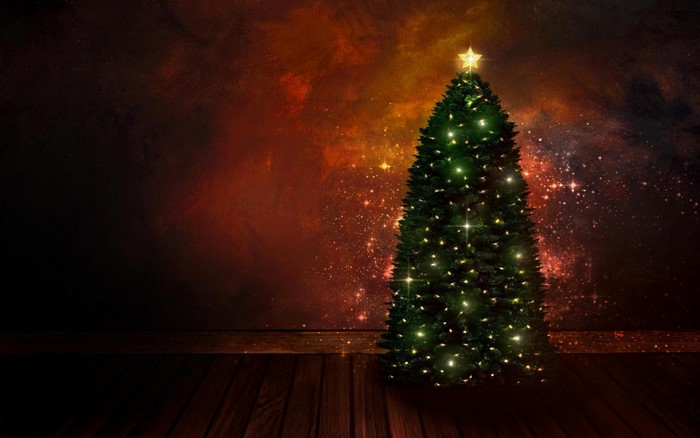 Christmas tree with lights and star on wooden floor