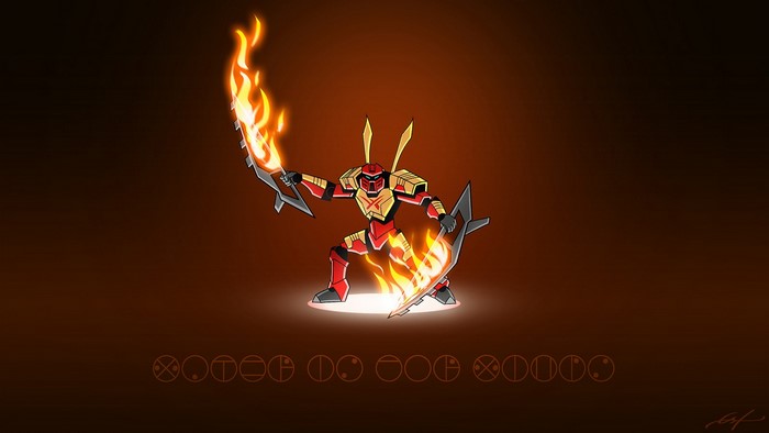 Bionicle character with flaming swords