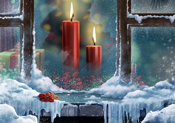 Christmas window with candles and snow