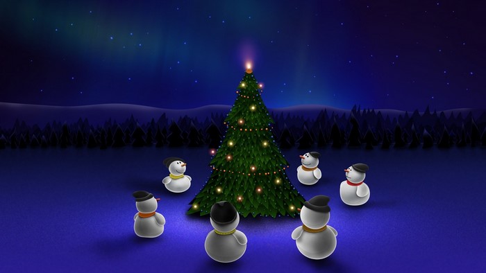Snowmen gathered around a decorated Christmas tree at night