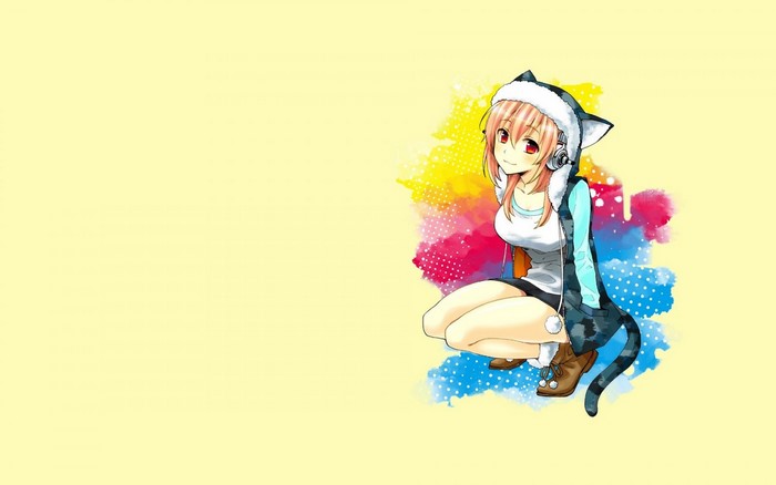 Super Sonico wearing a cat-ear hoodie and headphones