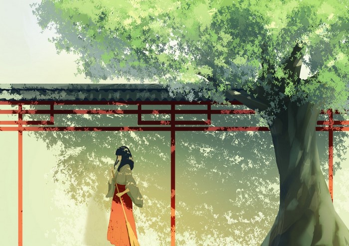 Anime girl in traditional Japanese clothes under a tree