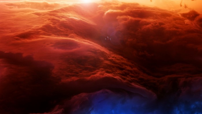 Spaceships flying through a red nebula at sunrise