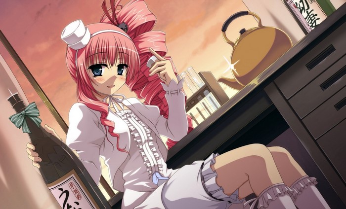 Anime girl with pink hair holding a bottle