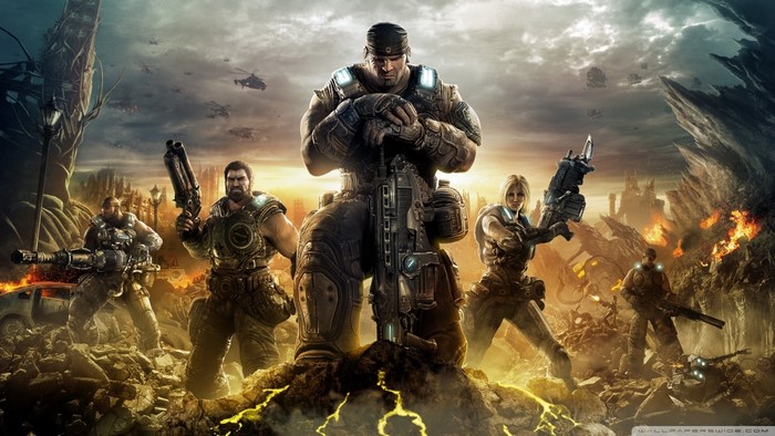 Gears of War 3 characters in a war-torn landscape