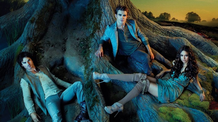Elena Gilbert, Stefan Salvatore, and Damon Salvatore from The Vampire Diaries
