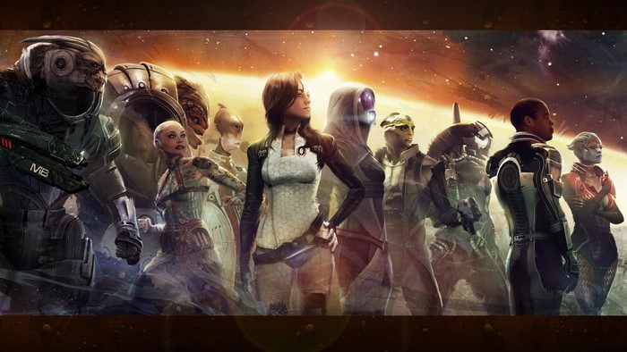 Mass Effect 2 characters in a group portrait