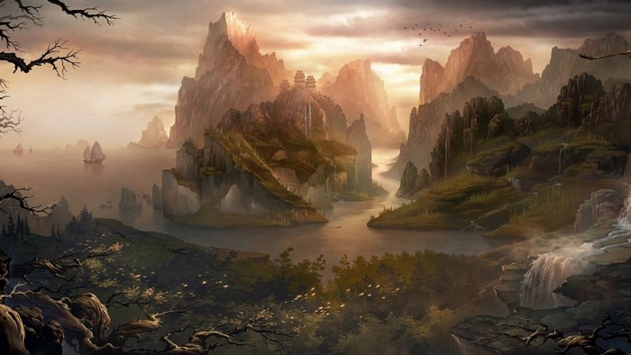 Mystical Mountain Landscape with Waterfall and Chinese Architecture