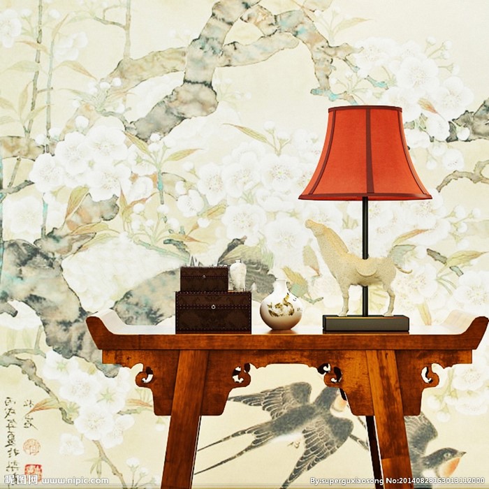 Chinese painting of birds and flowers with a table and lamp