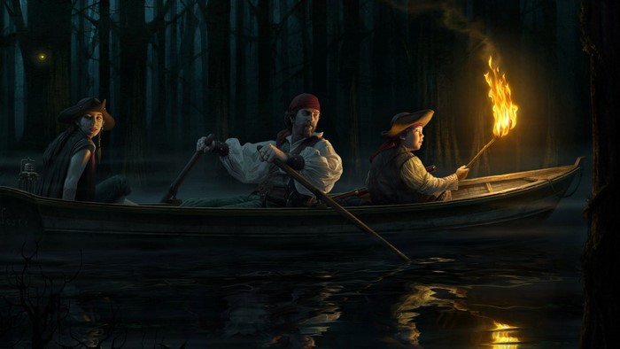 Pirates in a boat at night