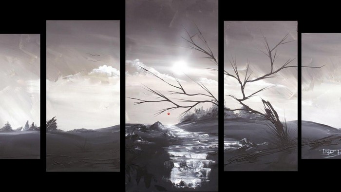 Abstract landscape painting with a tree and river