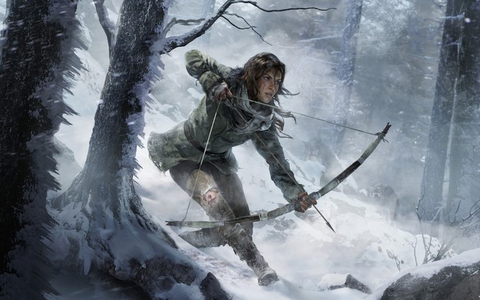 Lara Croft in a snowy forest with a bow