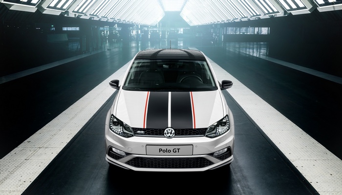 White Volkswagen Polo GT with racing stripes