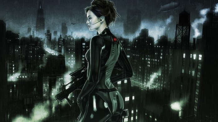 Woman with rifle in rainy city at night