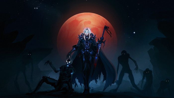 Fantasy warrior with sword and undead under a blood moon