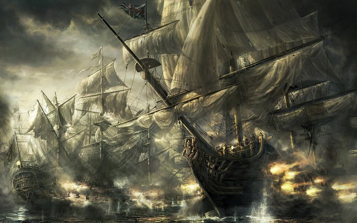 Artwork of a naval battle with sailing ships