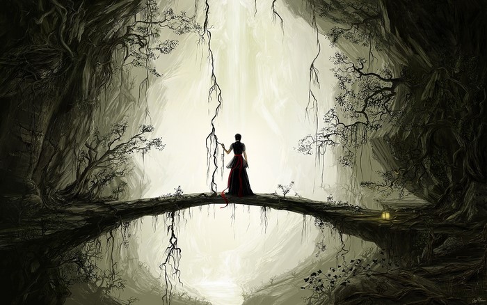 Woman in a dark cave with roots and a lantern