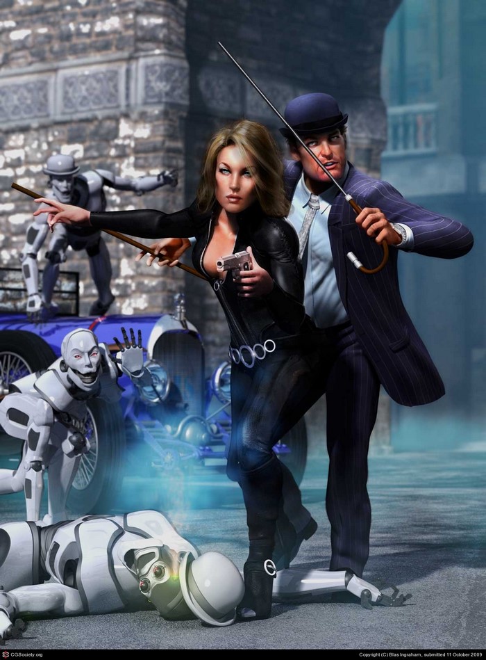Woman in black suit with gun and man with umbrella fighting robots