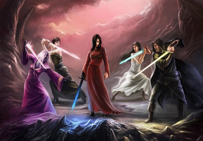 Fantasy art of warriors with glowing swords in a rocky landscape