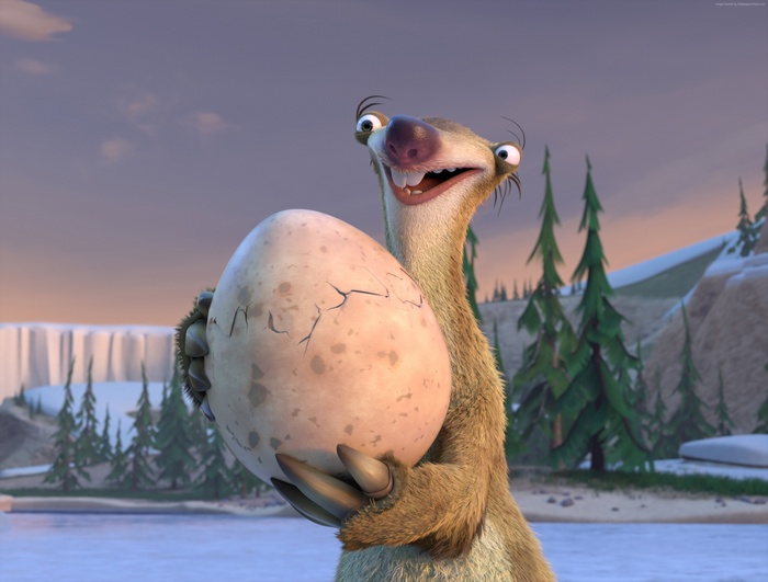 Sid from Ice Age holding a cracked egg