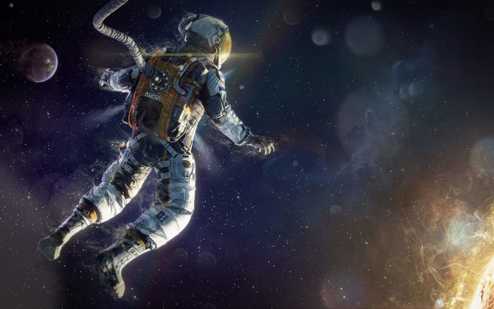 Astronaut floating in space near a planet and the Sun
