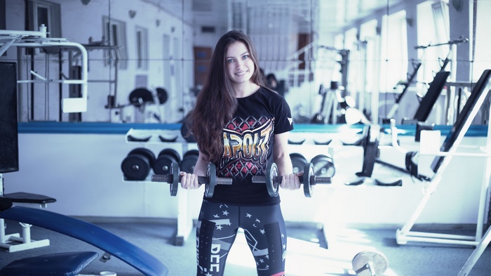 Girl, fitness, gym, workout, exercise, motivation, dumbbells, sportswear