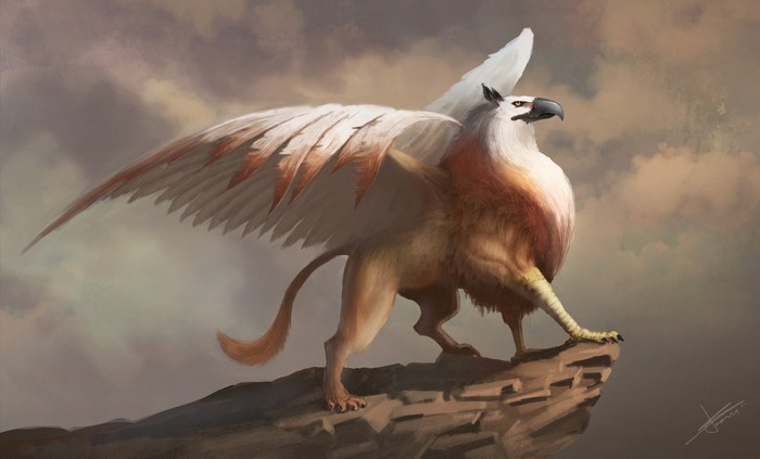 Fantasy art of a griffin on a rocky cliff
