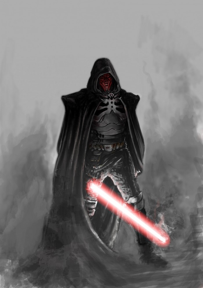 Darth Revan from Star Wars with a red lightsaber