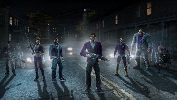 Saints Row characters with weapons in a street at night
