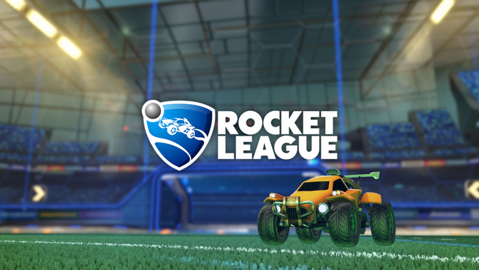 Rocket League logo and car on stadium field