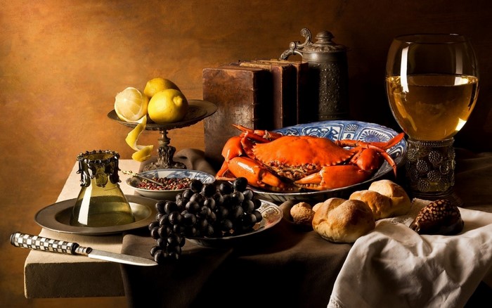 Still life with crab, grapes, lemons, bread, and wine