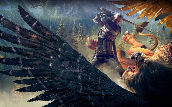 Geralt of Rivia fighting a Griffin in The Witcher 3