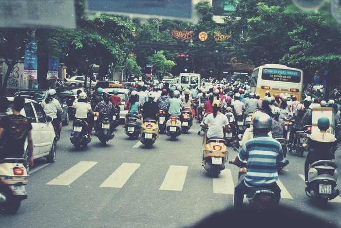 Motorcycle traffic jam on a street in Hanoi, Vietnam
