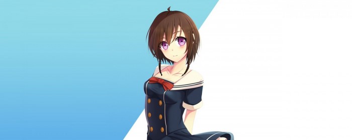 Anime girl with brown hair and purple eyes in a sailor dress