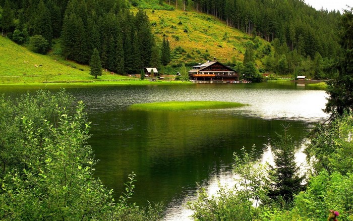 Lake and mountain lodge surrounded by evergreen forest