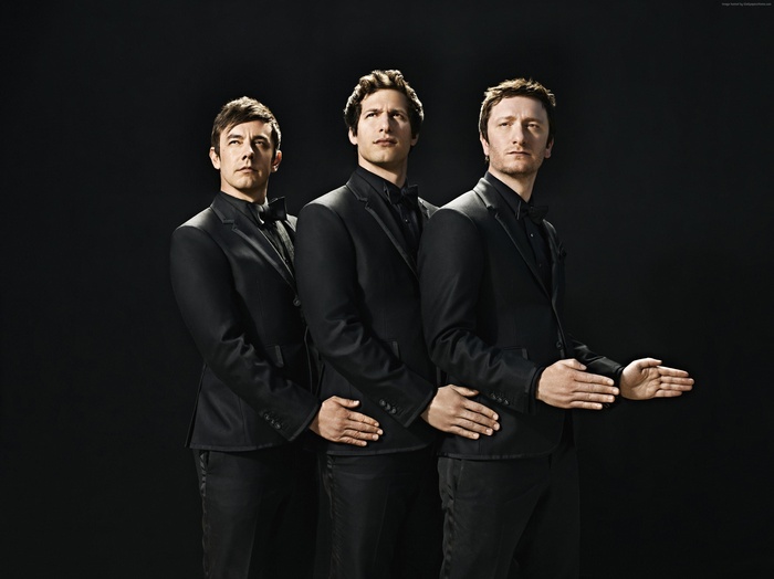 Andy Samberg, Akiva Schaffer, and Jorma Taccone in suits