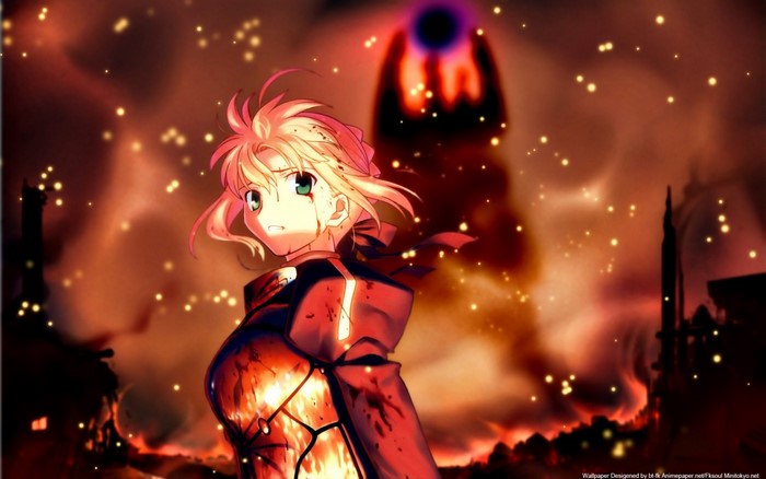 Saber from Fate Series in a fiery battlefield