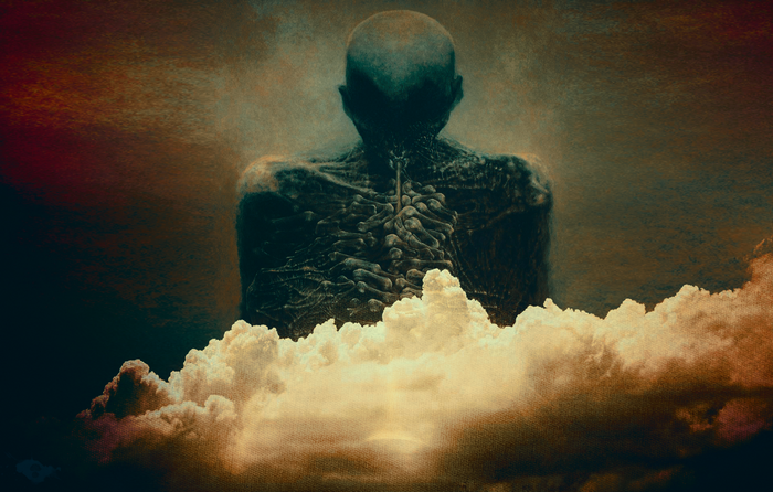 Dark Figure with Ribcage Above Clouds