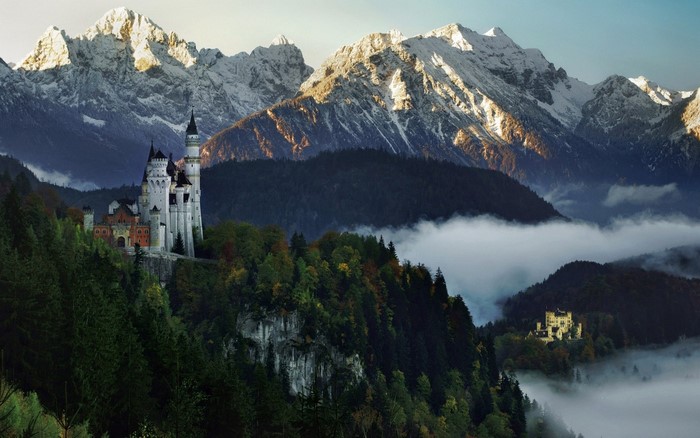 Neuschwanstein Castle and Bavarian Alps in Mist