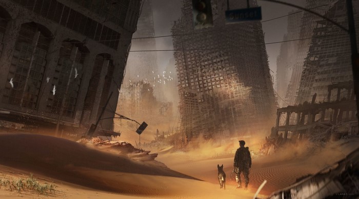 Man and dog in a post-apocalyptic city