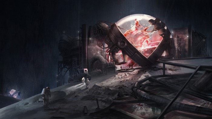 Astronauts explore a futuristic industrial site with a glowing orb
