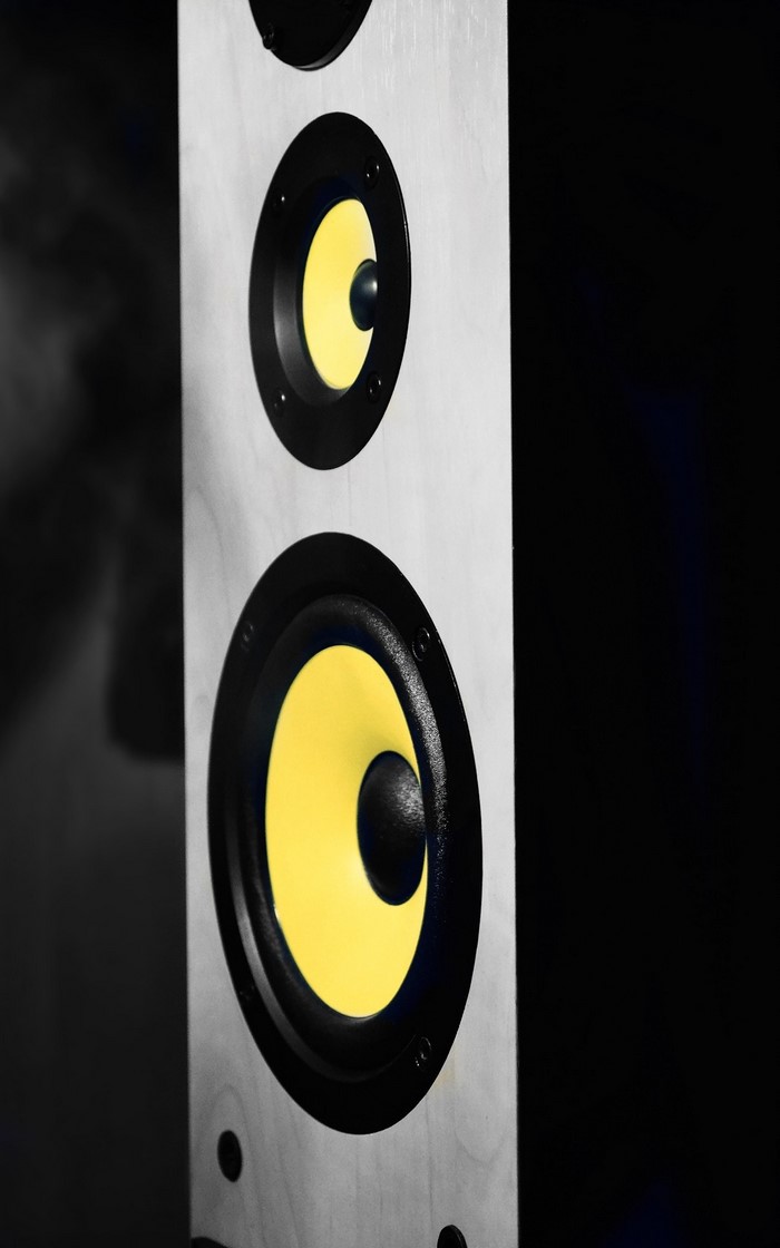 Close-up of a tall speaker with yellow drivers
