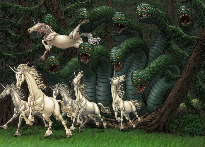 Unicorns fleeing from a hydra in a dark forest