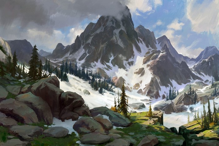 Painting of a snowy mountain range with pine trees and rocks