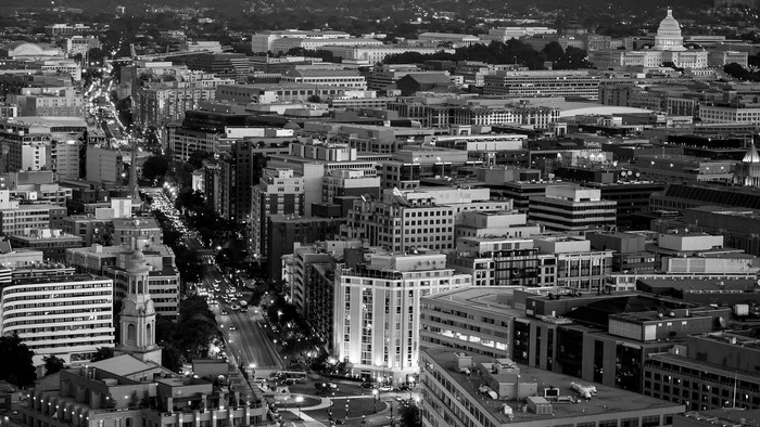 Aerial view of Washington D.C. cityscape at dusk