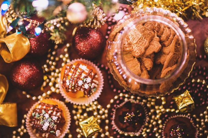 Christmas treats with ornaments and cookies