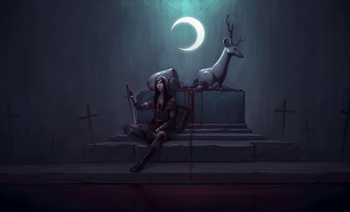 Fantasy warrior with sword and shield in a graveyard