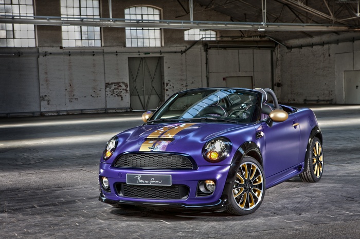 Purple Mini Cooper S Roadster with Gold Stripes