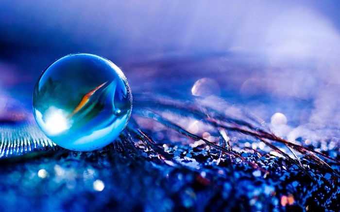 Blue marble on a feather with bokeh